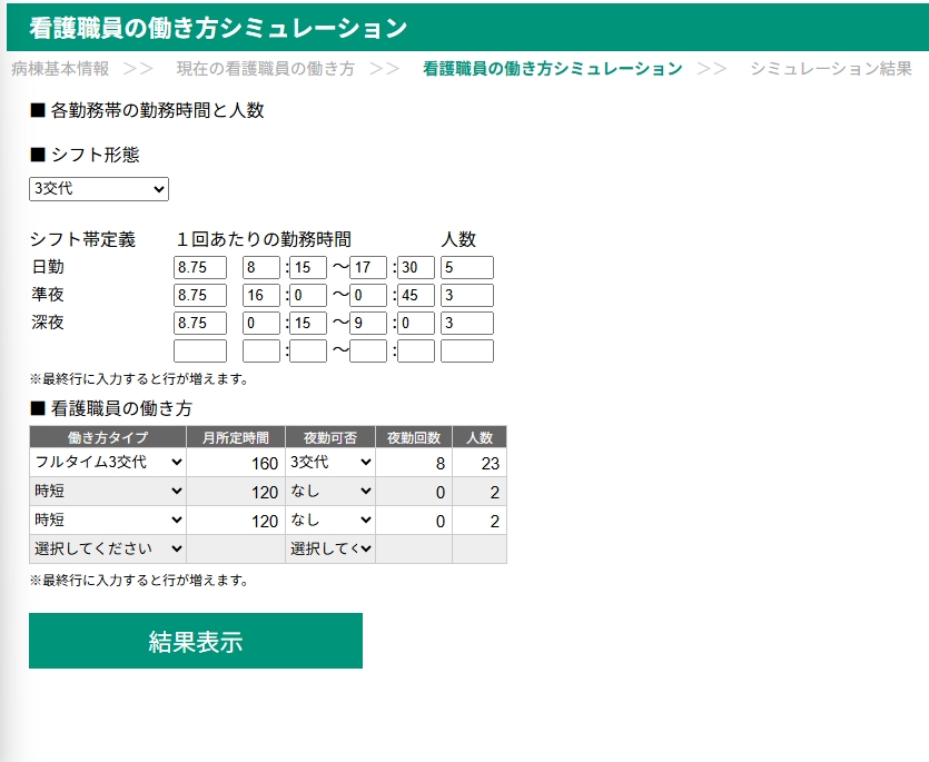 看護職員の働き方シミュレーション画面